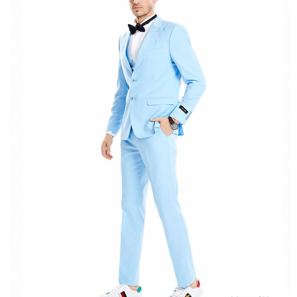 Sky Blue Peak Lapel Double Breasted Vest 3 Piece Skinny Fit Tazzio Men's Suit